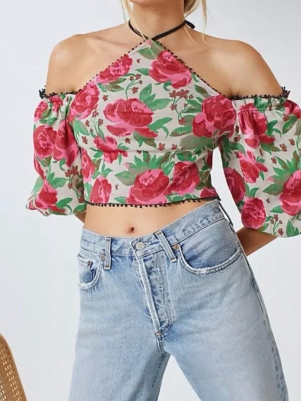 Anthropologie Pink & Green Floral Halter Off-Shoulder Crop Top